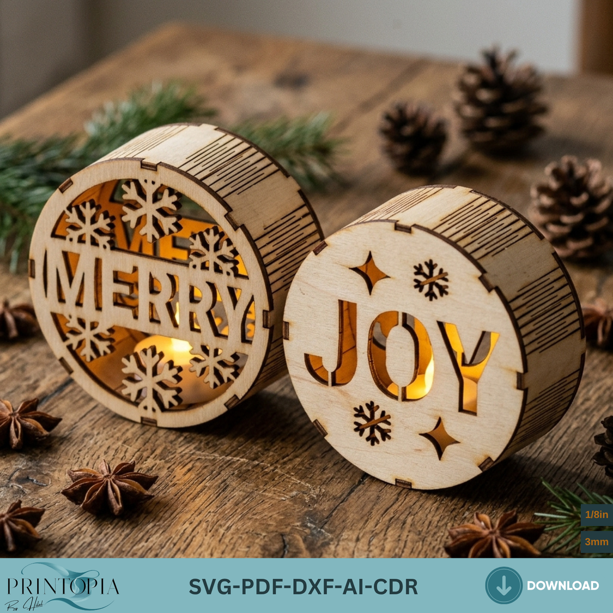 Laser Cut Christmas Night Light Bundle, Round Wooden Lanterns, DIY Holiday Candle Holder Designs 380