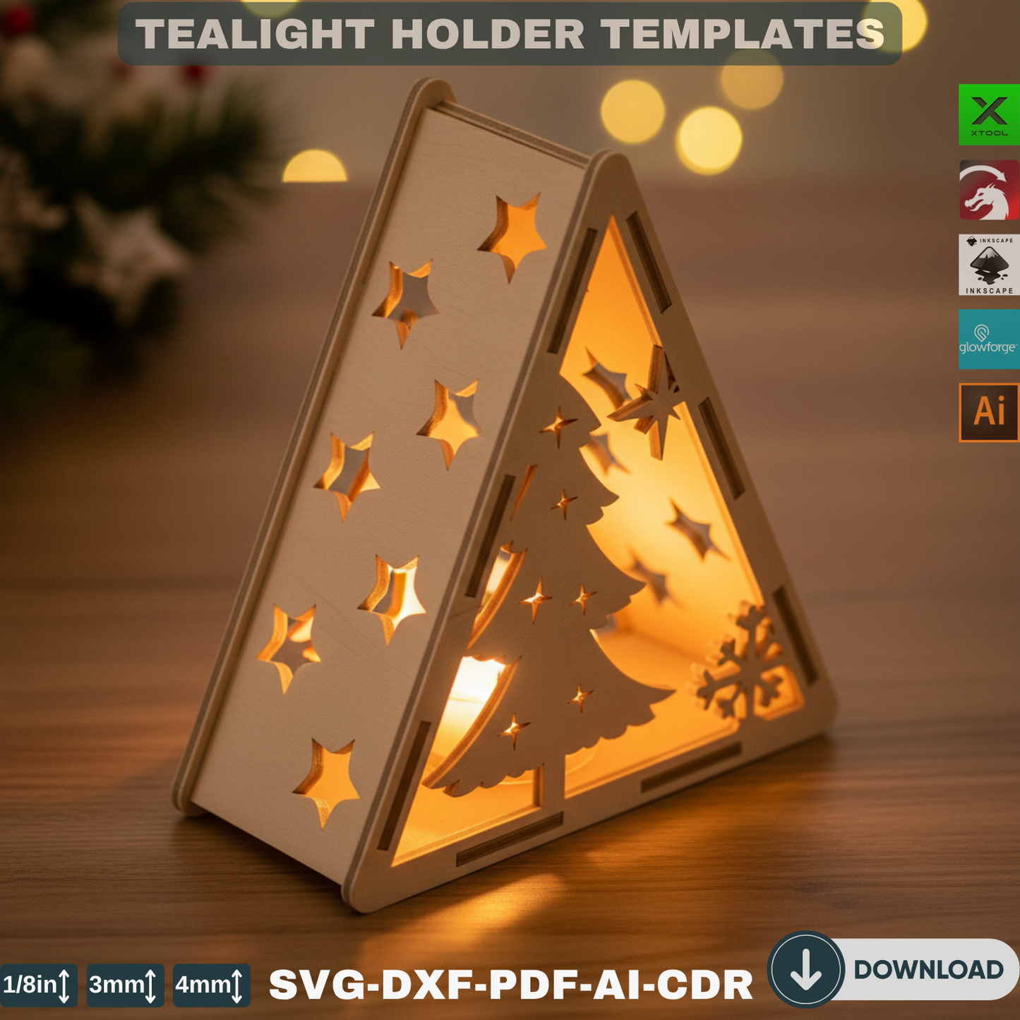 Christmas Pyramid Candle Holders - Tealight Laser Cut Lamp Designs for Night Light Decoration 778