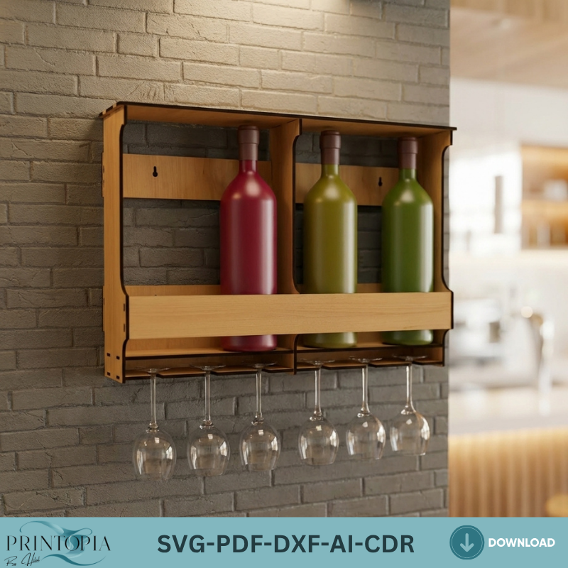 Wall Mounted Wine Rack with Glass Holder Modern Wood Wine Shelf Laser Cut Files