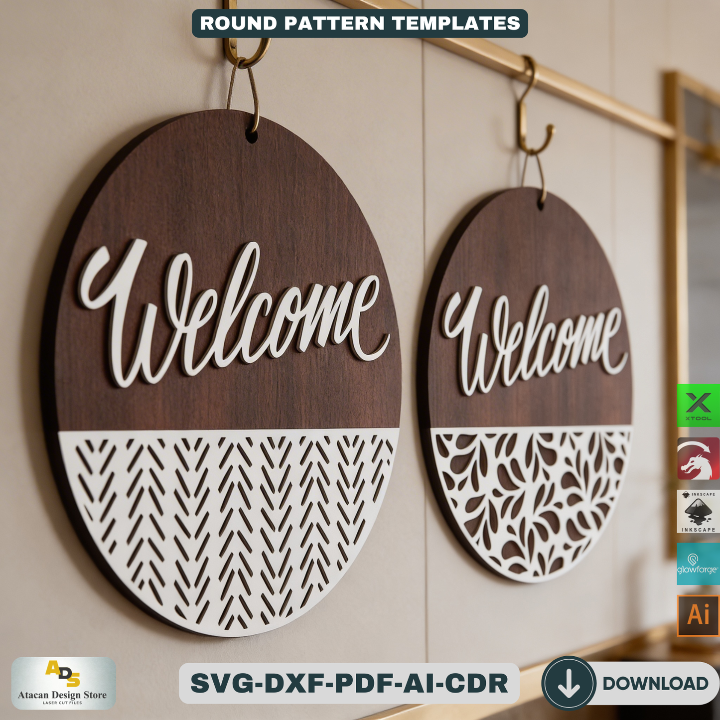 Door sign with patterns / Glowforge laser cut files / Door hanger Templates ADS115