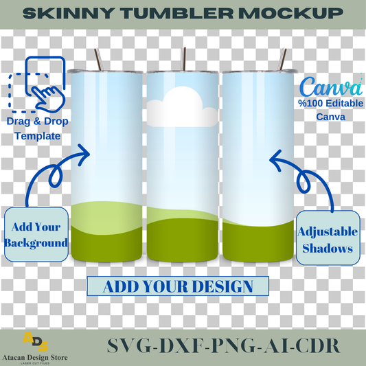 Editable Skinny Tumbler Mockup - Canva Frame Drag & Drop Tumbler Template - With or Without Straws, Easy to Customize 733