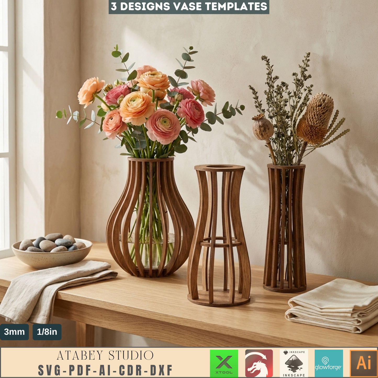 Wooden Vase Templates Set of 3 Slat Vase Designs Minimalist Table Decor Flower Stands 1002