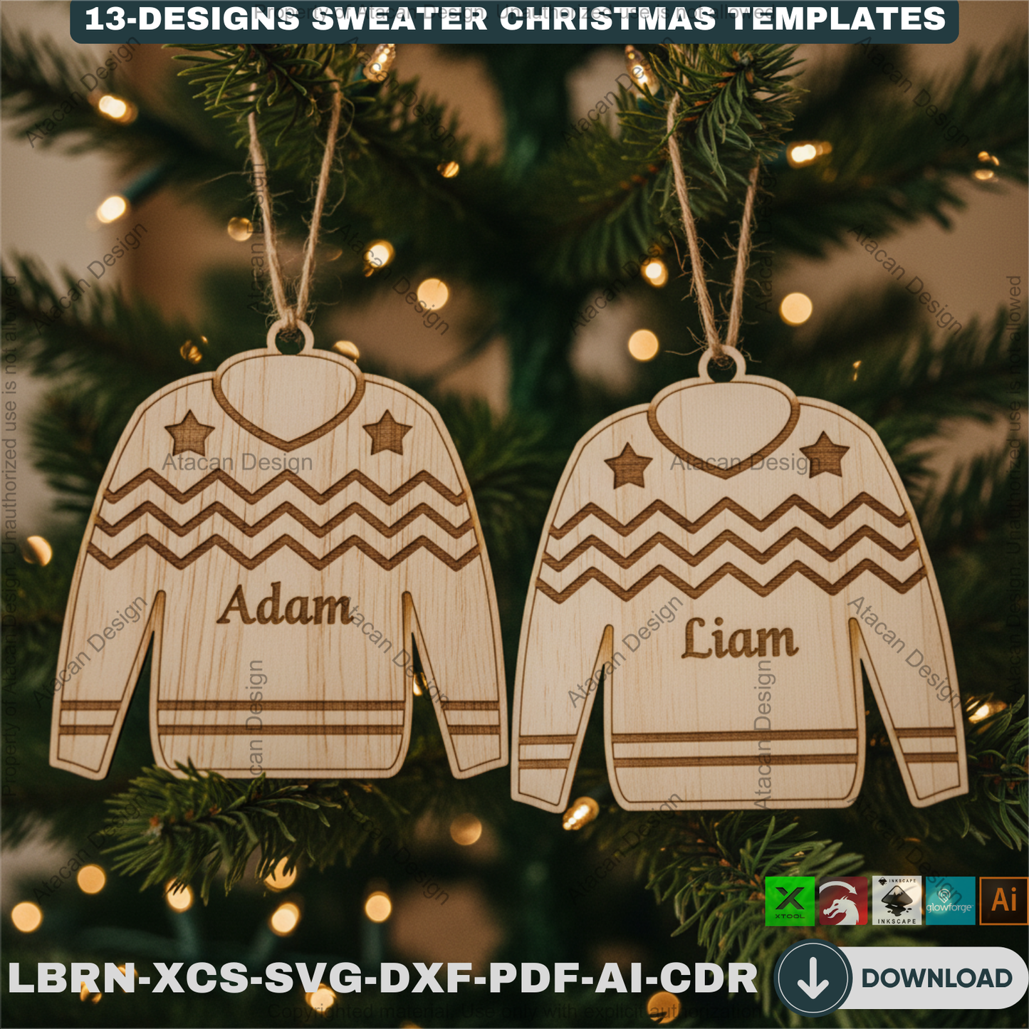 Personalized Sweater Christmas Ornament Bundle | 13 Holiday Designs | Laser Cut Template Set for DIY Xmas Gifts 918