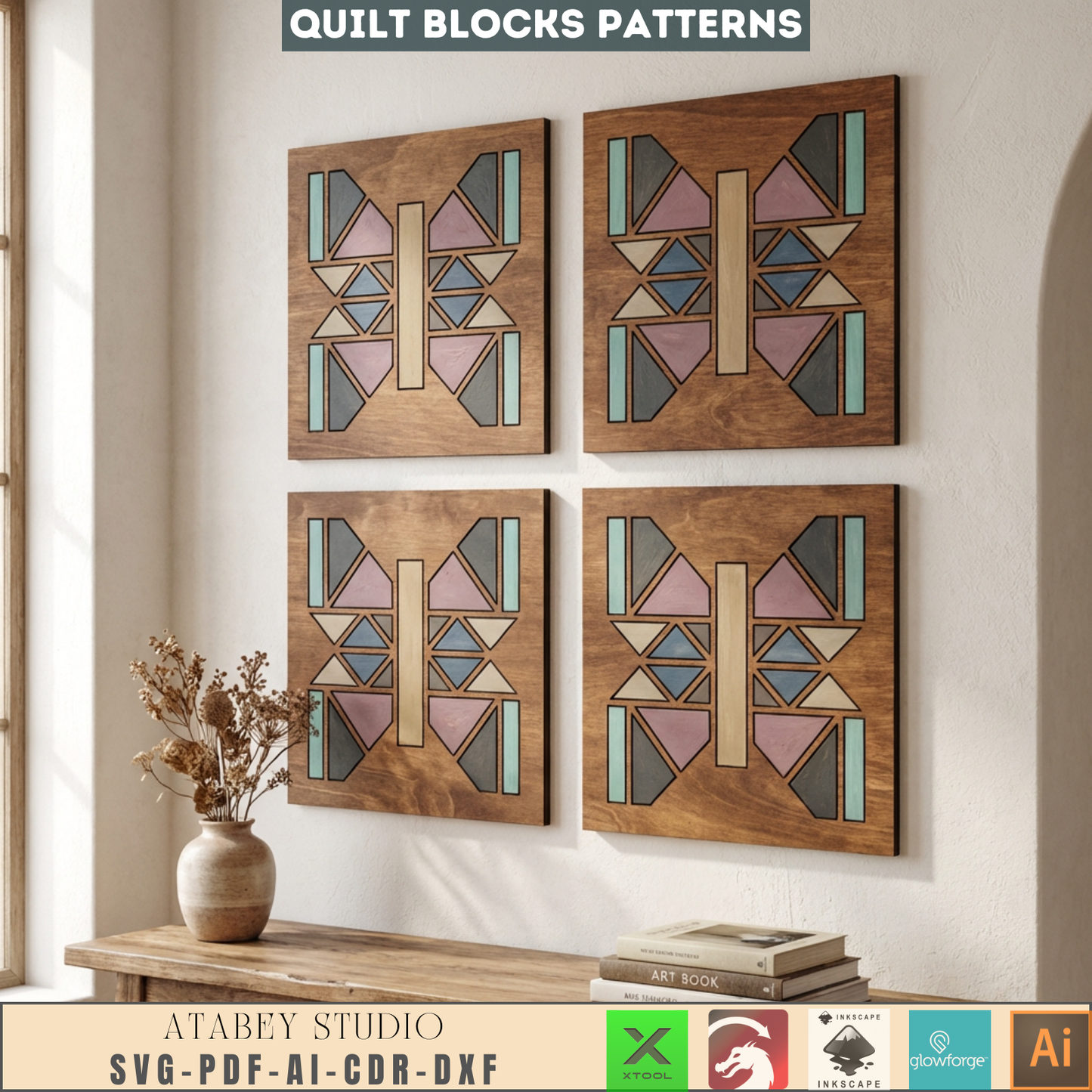 Geometric Quilt Block Wall Art Laser Cut Design Modern Farmhouse Wood Heart Butterfly Potted Flower 988