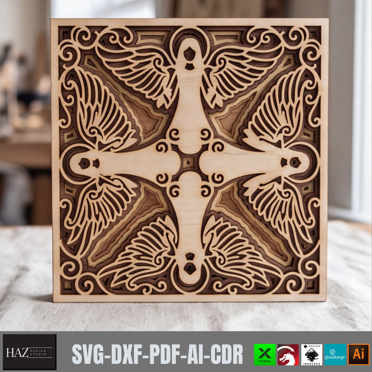 Four Angels Wooden Laser Cut Template, Religious Mandala Art, Layered Plywood Christmas Angel Decor