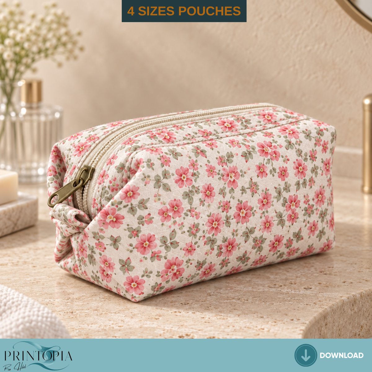 4 Sizes Floral Bow Tie Pouch Laser Cut PDF Pattern Cosmetic Bag