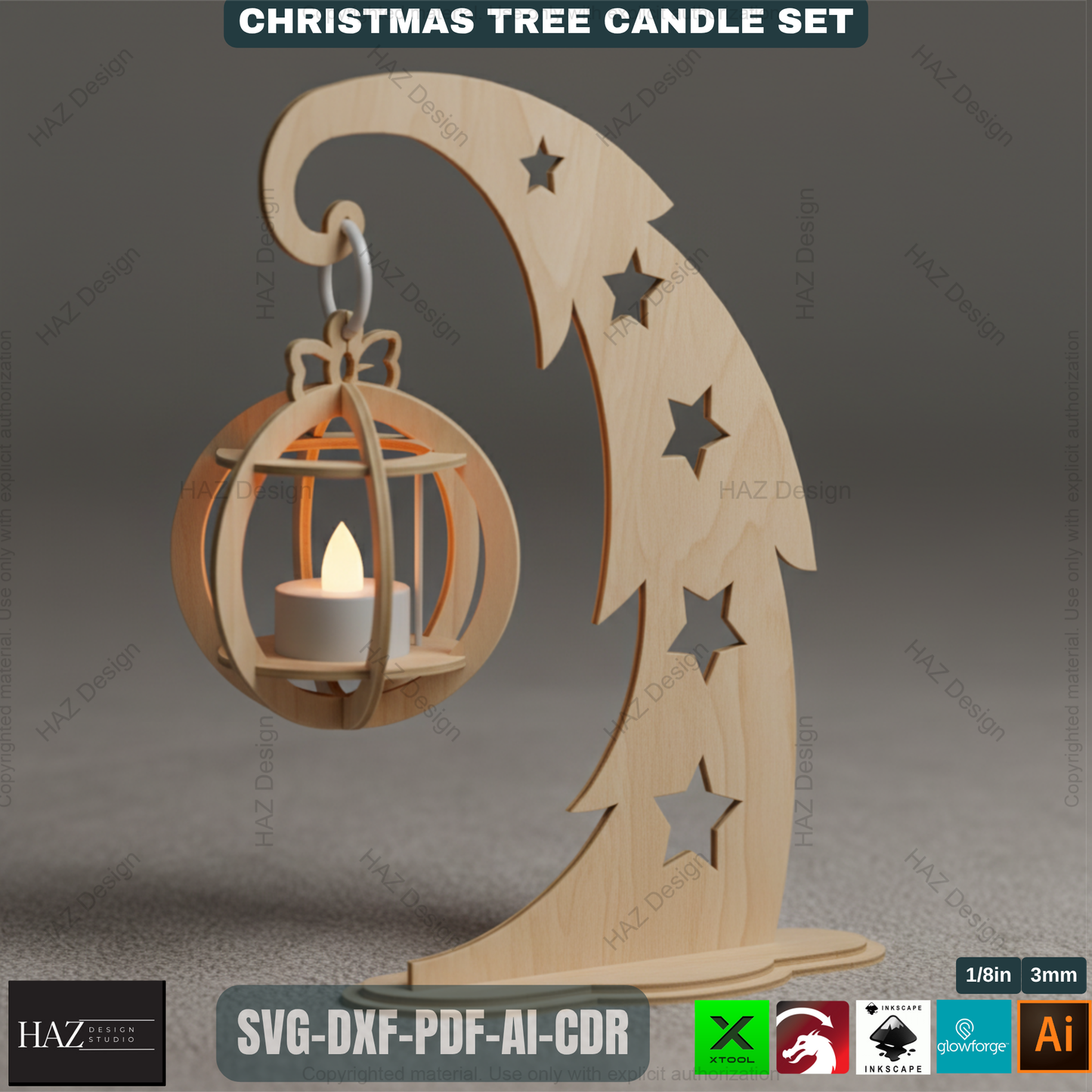 Title: Christmas Tree Tealight Holders Laser Cut Files Wooden Ornament Candle Stands Xmas Decor Templates Glowforge Xtool SVG 494