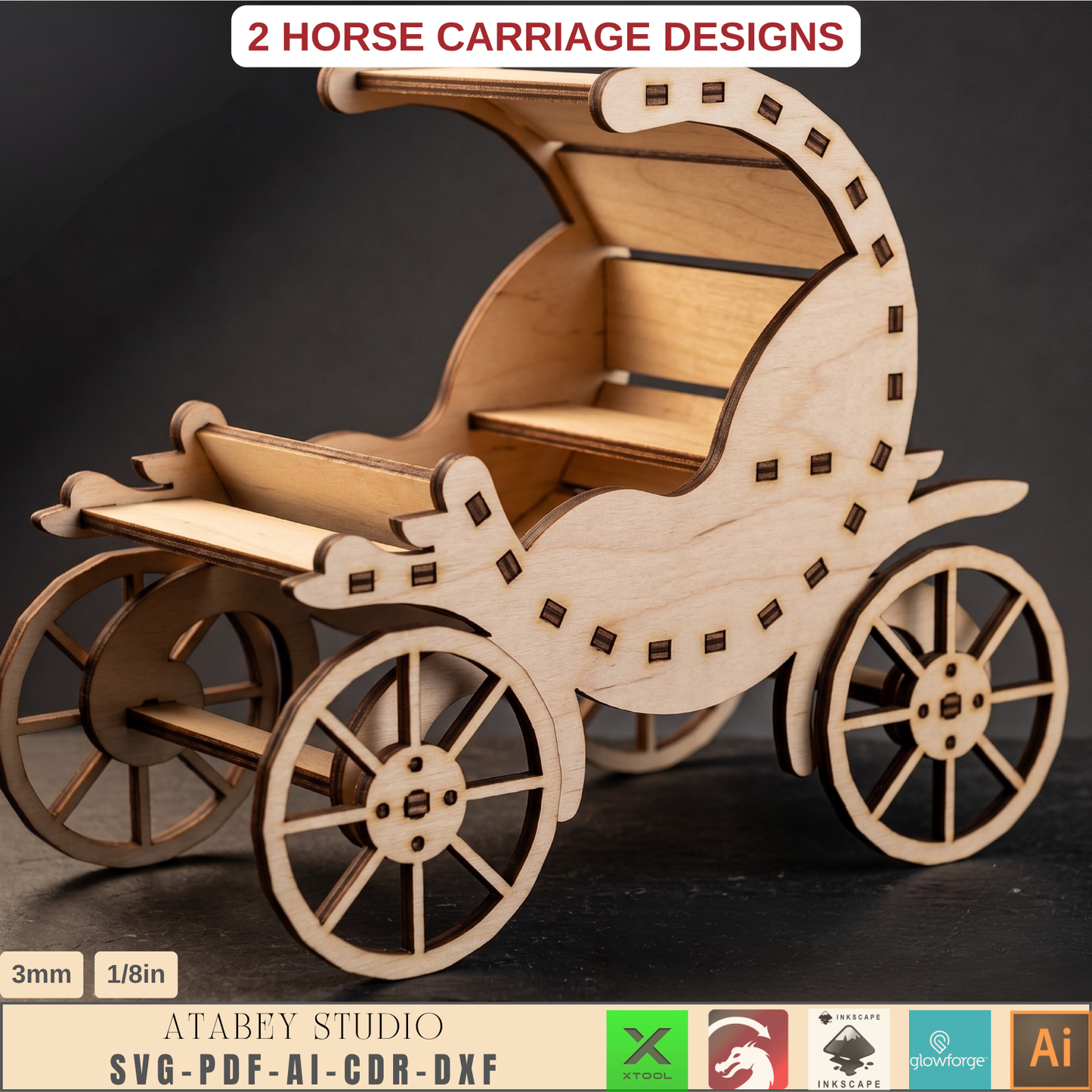 Wooden Horse Carriage Laser Cut Template, 2 Designs, SVG DXF AI PDF CDR Files