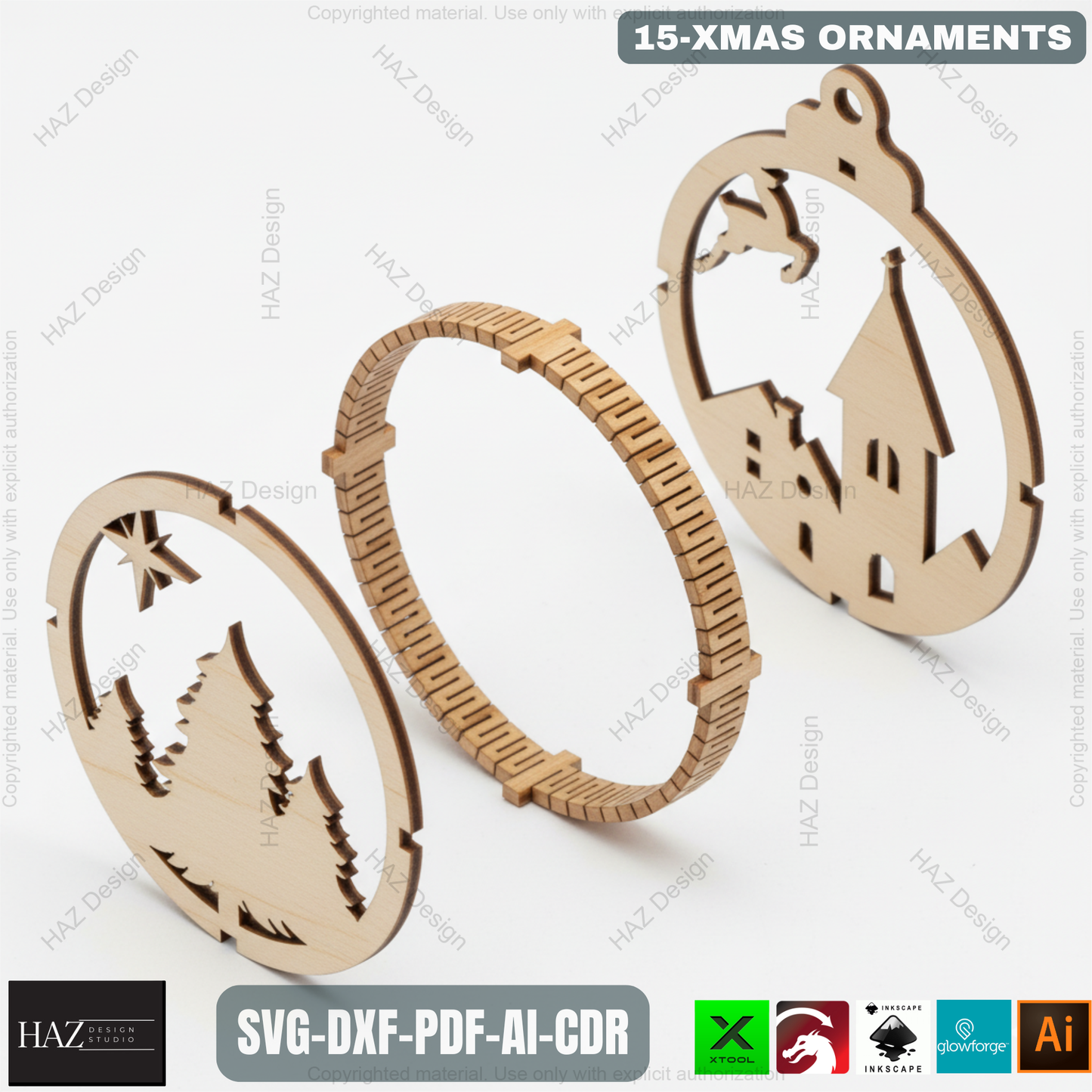 15 Layered Christmas Ornament Laser Cut Designs | Round Xmas Pendant Templates for DIY Holiday Decoration 486