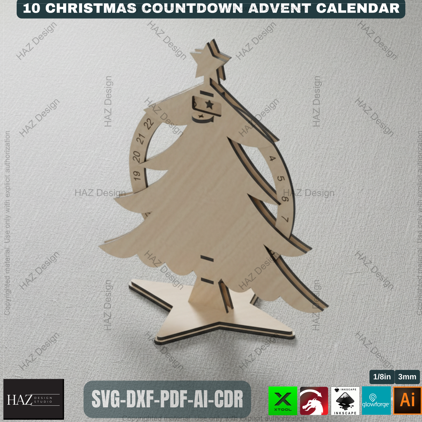 Festive Countdown Advent Calendar Laser Cut Files, Wooden Christmas Decor Template for Glowforge & Xtool, Holiday Craft Project 498