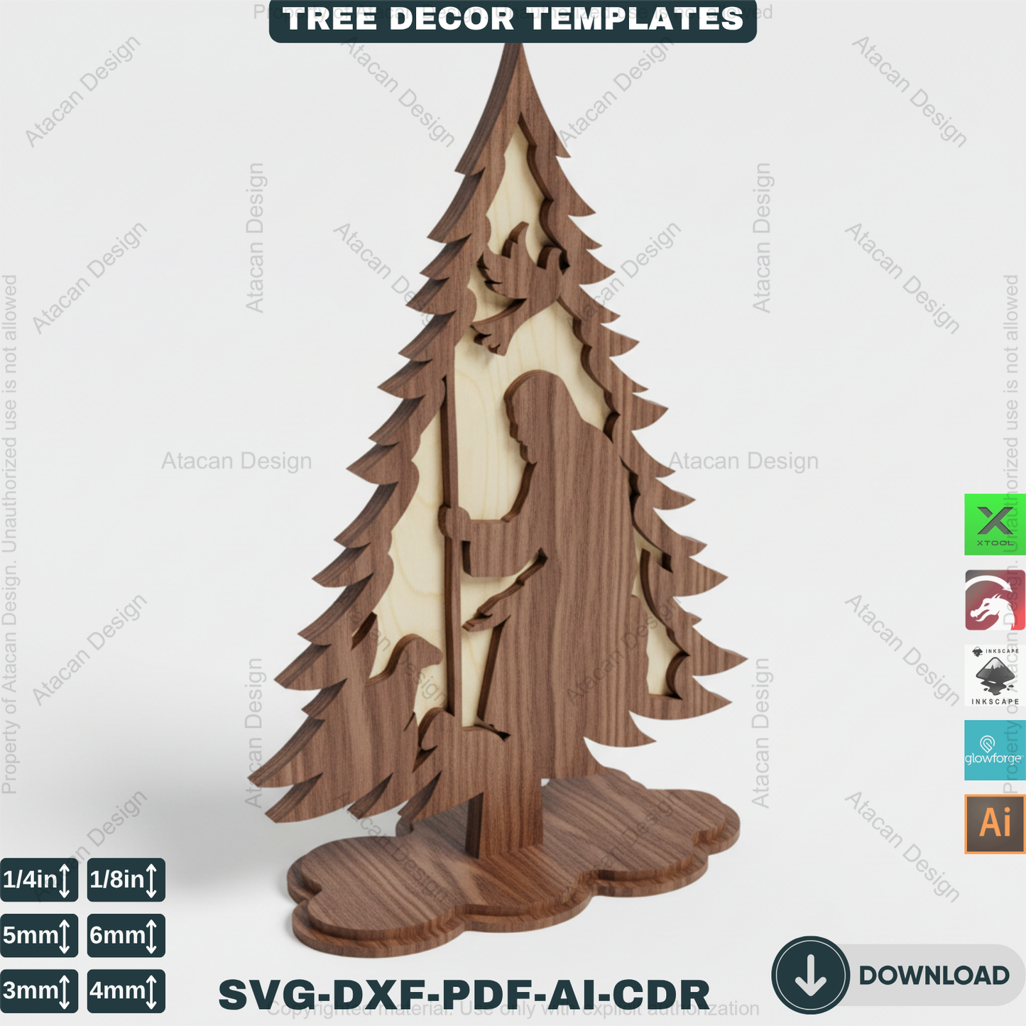 3D Standing Christmas Tree Decor Bundle | Laser Cut Wooden Tree Ornaments | Holiday Table Decoration | Xtool Craft Template 909