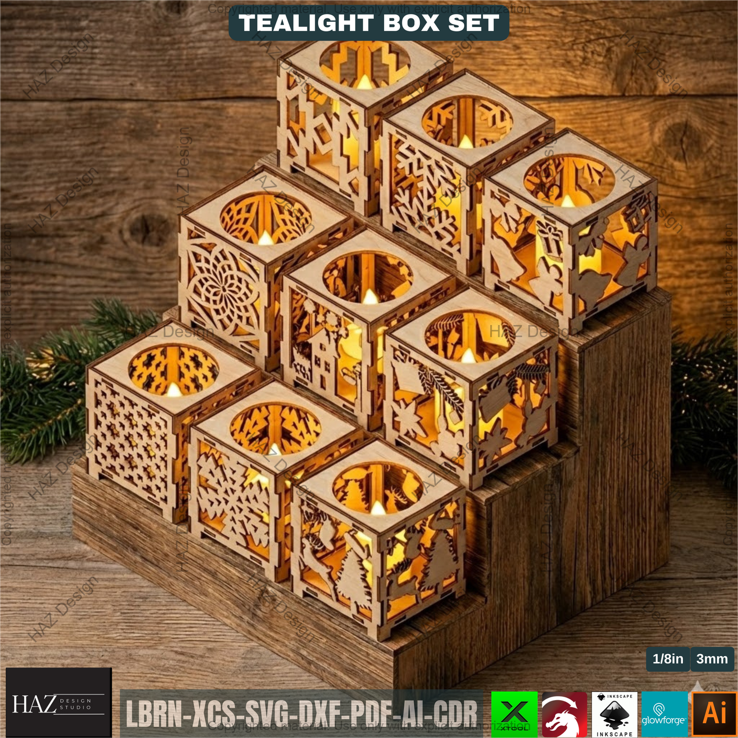 Tealight Holder Set Laser Cut Files, Christmas Candle Box Lantern, Tabletop Decor, Vector Templates 507