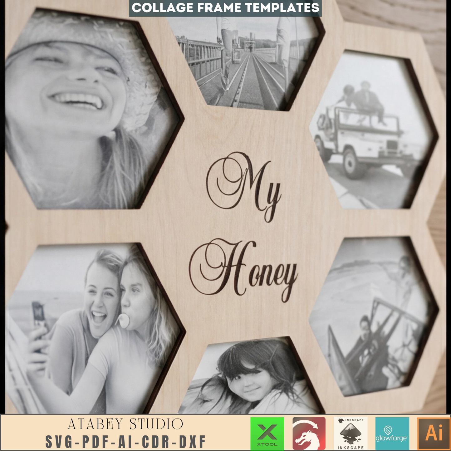 Honey comb Multi Picture Frame Collage svg file, Honey Family Friends Collage