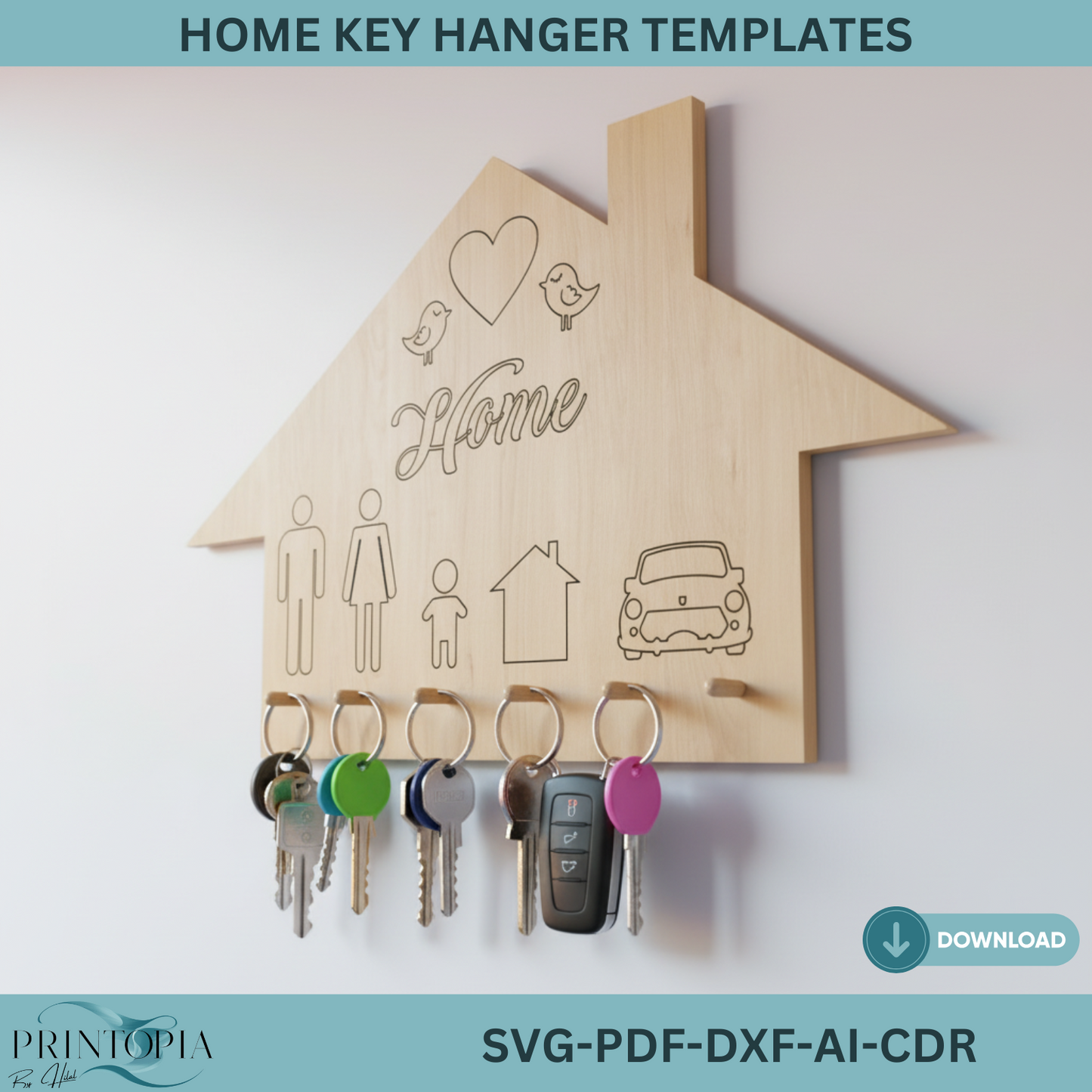 Family Home Key Hanger / Our House Keychain Holder / Housewarming Gift  / Wooden Laser Cut Files / Digital Download 316
