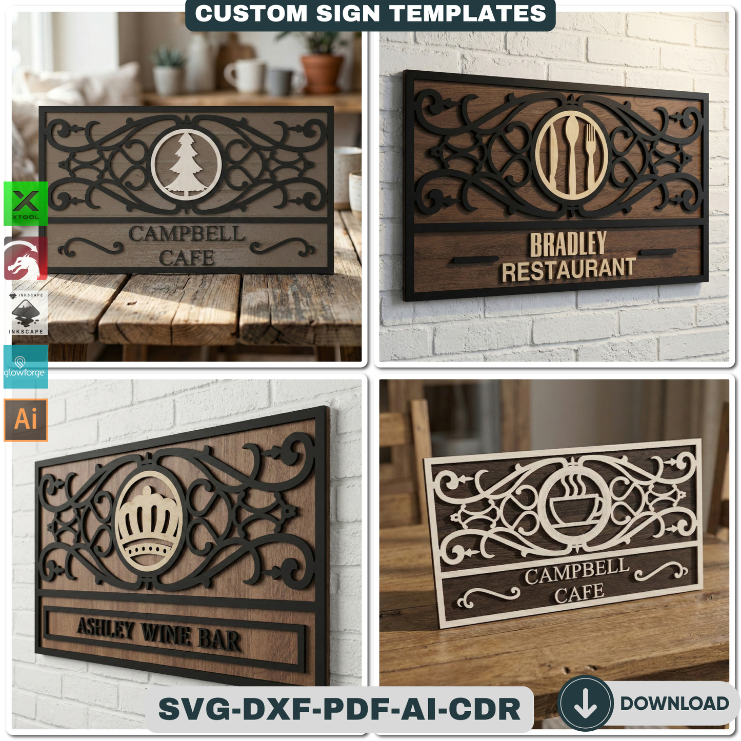 Customizable Frame Sign Board Templates for Laser Cutting | Personalize Cafe Restaurant & Home Decor Wall Art | Glowforge Xtool Ready 931