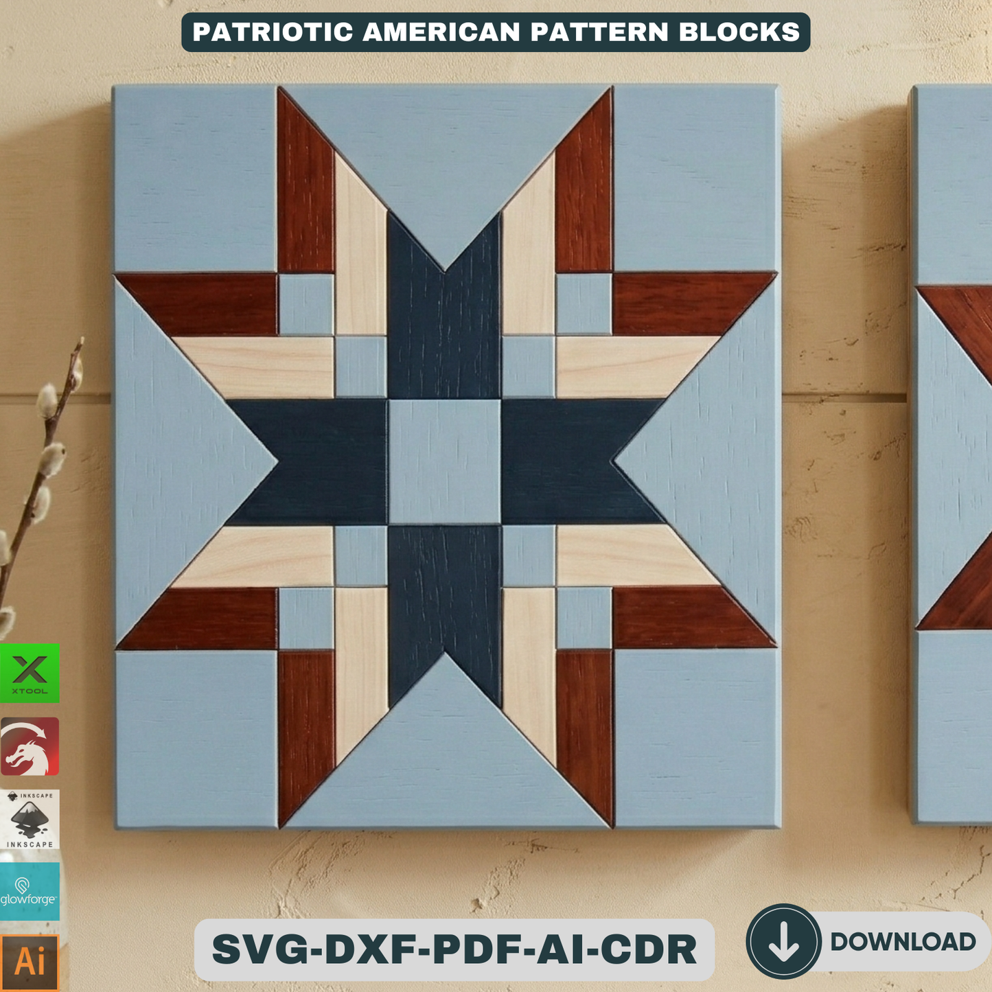 Patriotic American Barn Quilt Wall Decor Fourth of July Wooden Sign Geometric Star Block Patterns 943