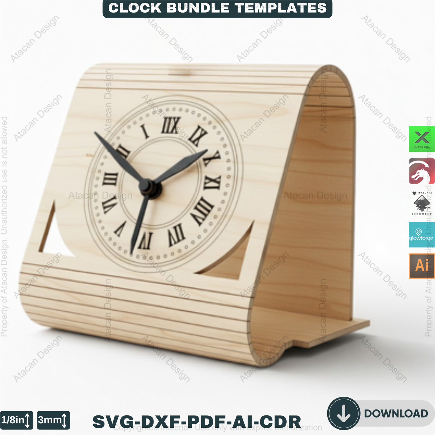 Laser Cut Clocks, Modern Desk Clock Templates, DIY Wooden Table Clock Plans, CNC File for Glowforge, Xtool & Lightburn 914