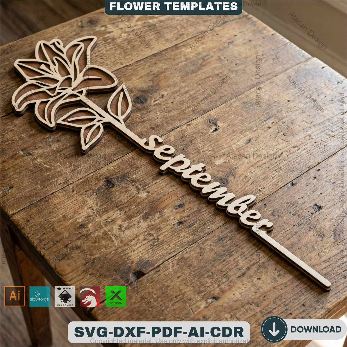 Birth Month Flower Laser Cut Bundle Wooden Floral Stakes Bouquet Topper Designs Personalised Mother Day Gift Laser Ready Templates 932