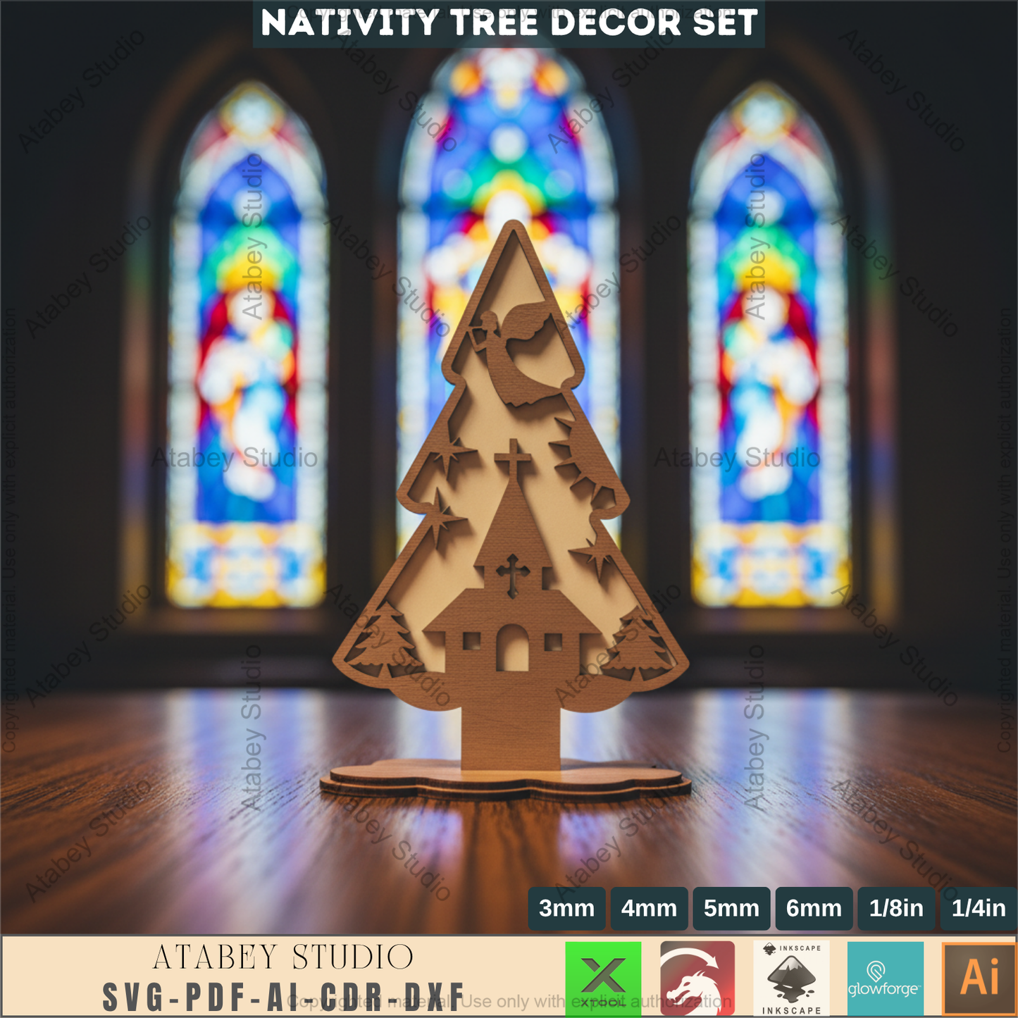 Laser Cut Nativity Tree Decor Set, 3D Standing Faith Christmas Ornaments, Wooden Tabletop Cross Tree SVG 966