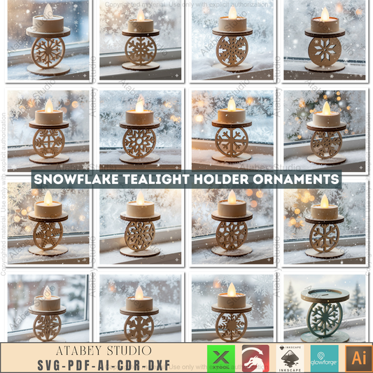 Winter Snowflake Tea Light Holder Set | Wooden Laser Cut Candle Stand Pattern | Christmas Ornament DIY Digital Craft Files 963