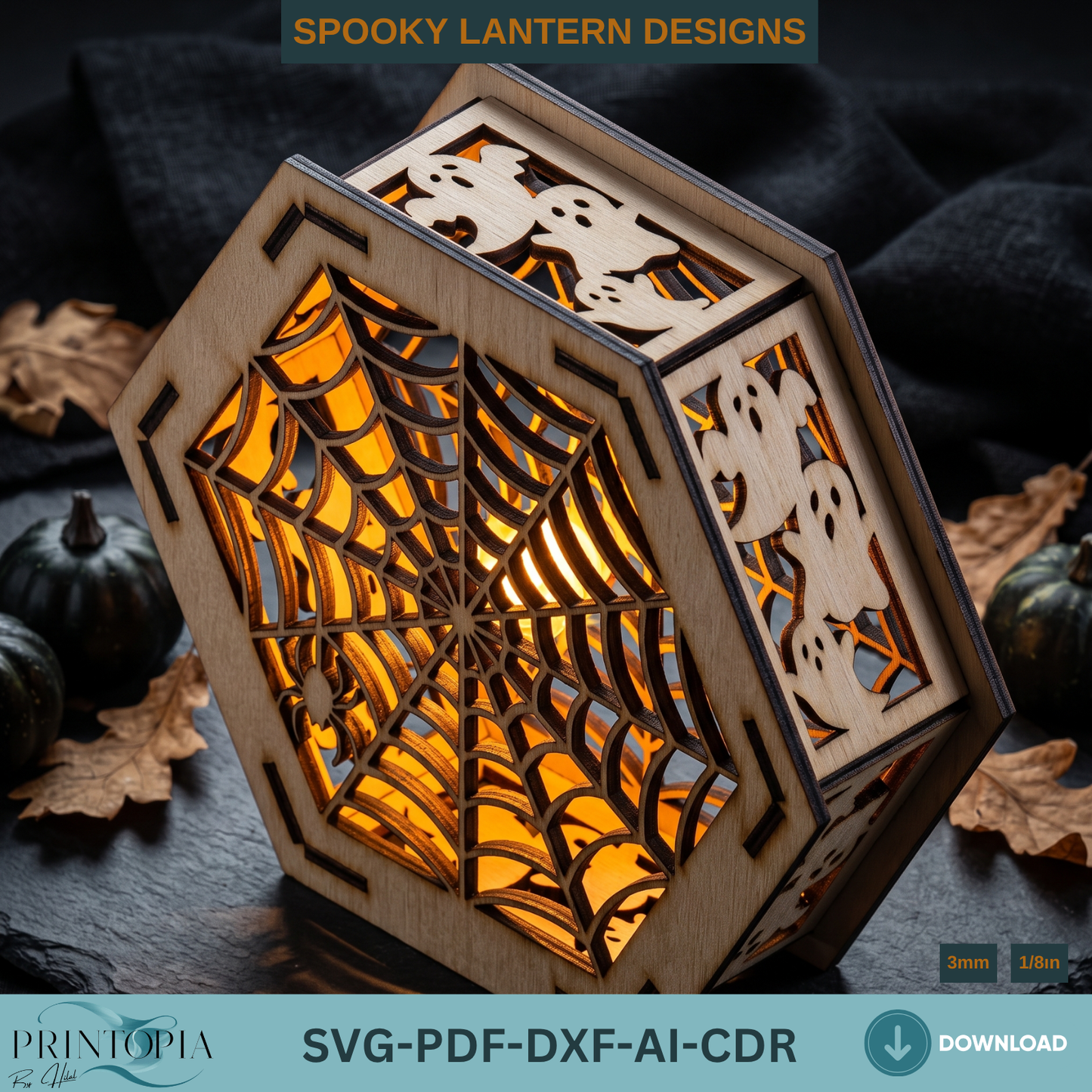 Halloween Lantern Laser Cut Files Bundle for Wooden Tealight Candle Holder Spooky Decor Template