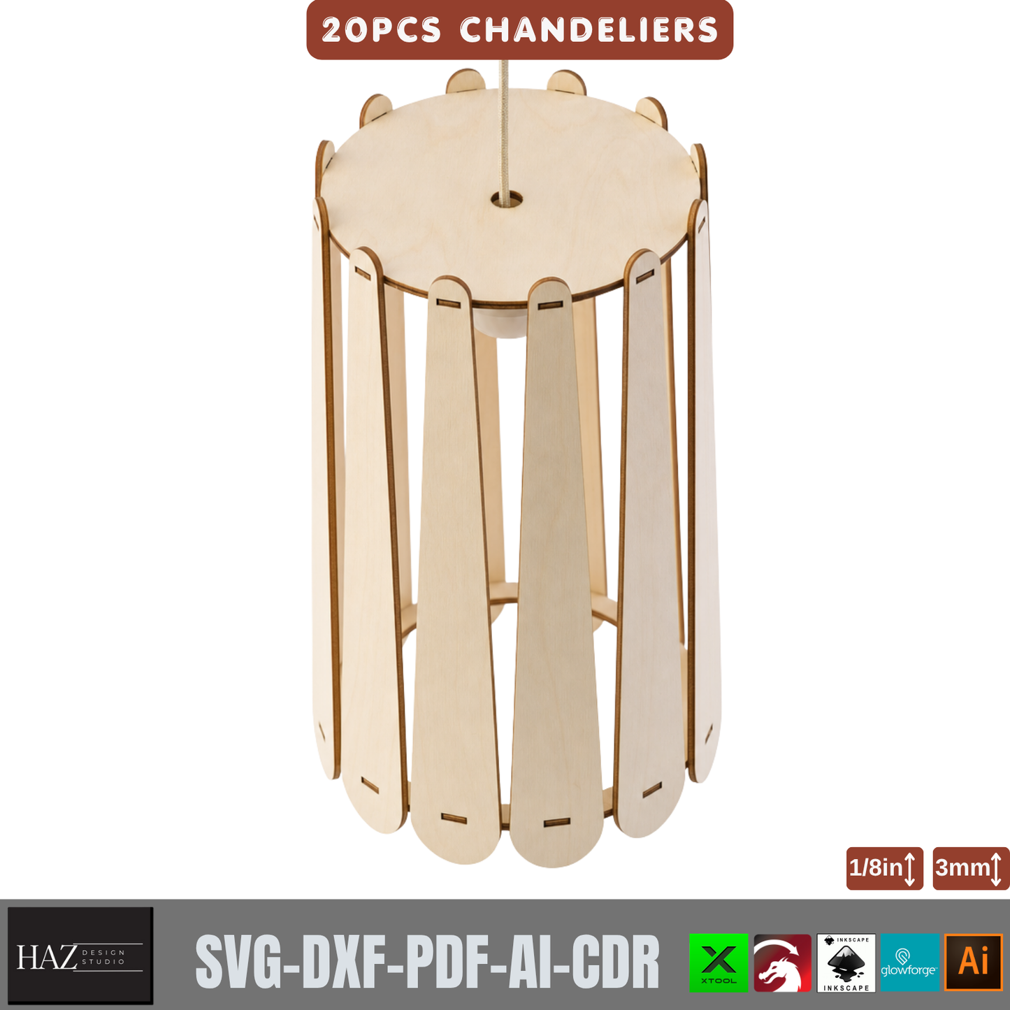 20 Piece Wooden Chandelier Pendant Lamp Laser Cut SVG Template Set Plywood 566
