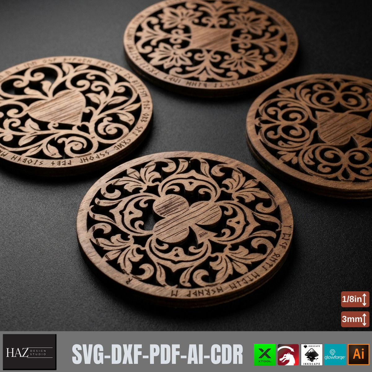 Viking Playing Card Coaster Templates, Rustic Norse Knotwork Wooden Coaster Designs 579