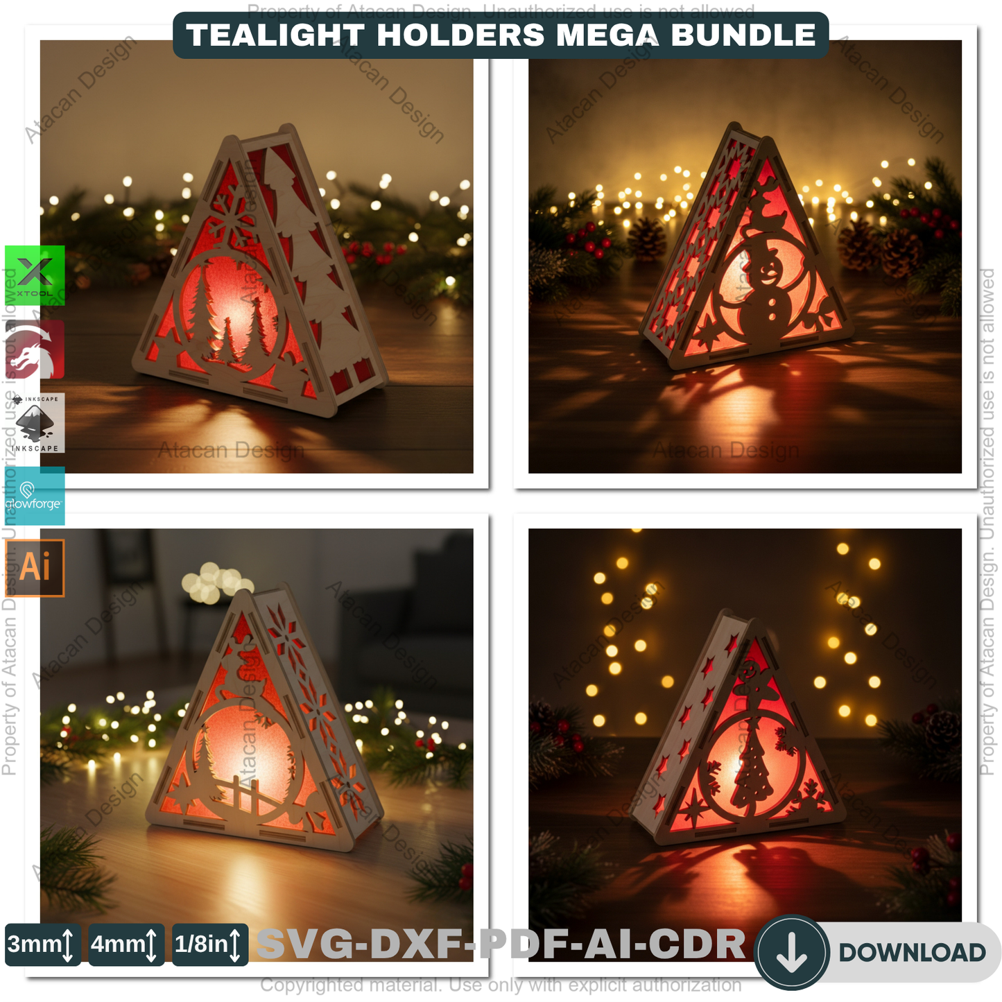 Christmas Pyramid Candle Holder Bundle Laser Cut Template Tealight Lantern Designs Winter Wood Decor Night Lights 919