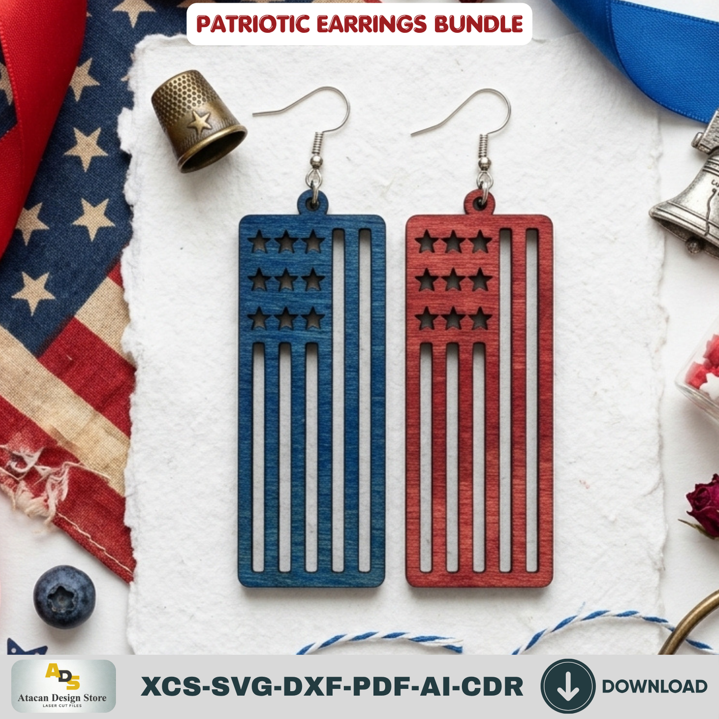 Patriotic Earrings Laser Cut Bundle, 4th of July USA Flag Acrylic Jewelry Template, Veteran Gift Design