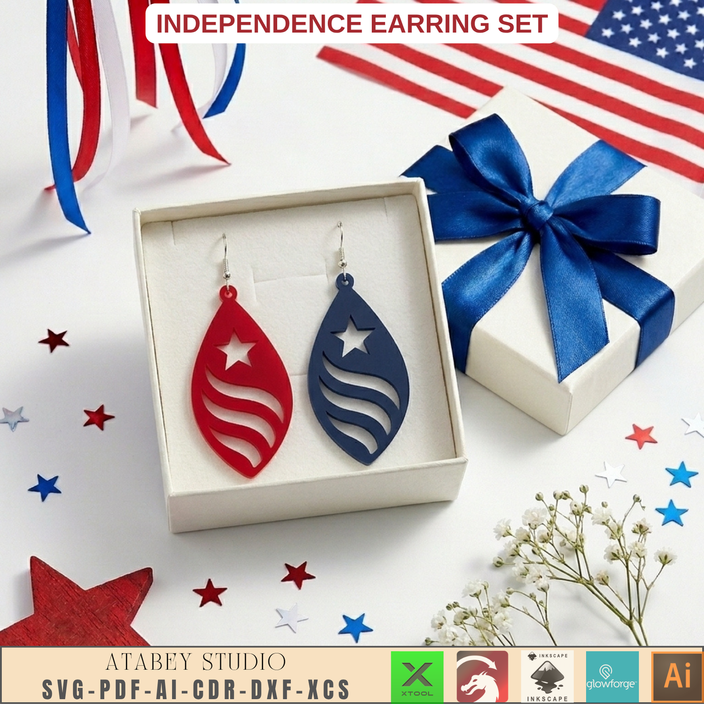 4th of July Earring SVG Bundle, Patriotic Laser Cut Templates, USA Flag Star Earrings
