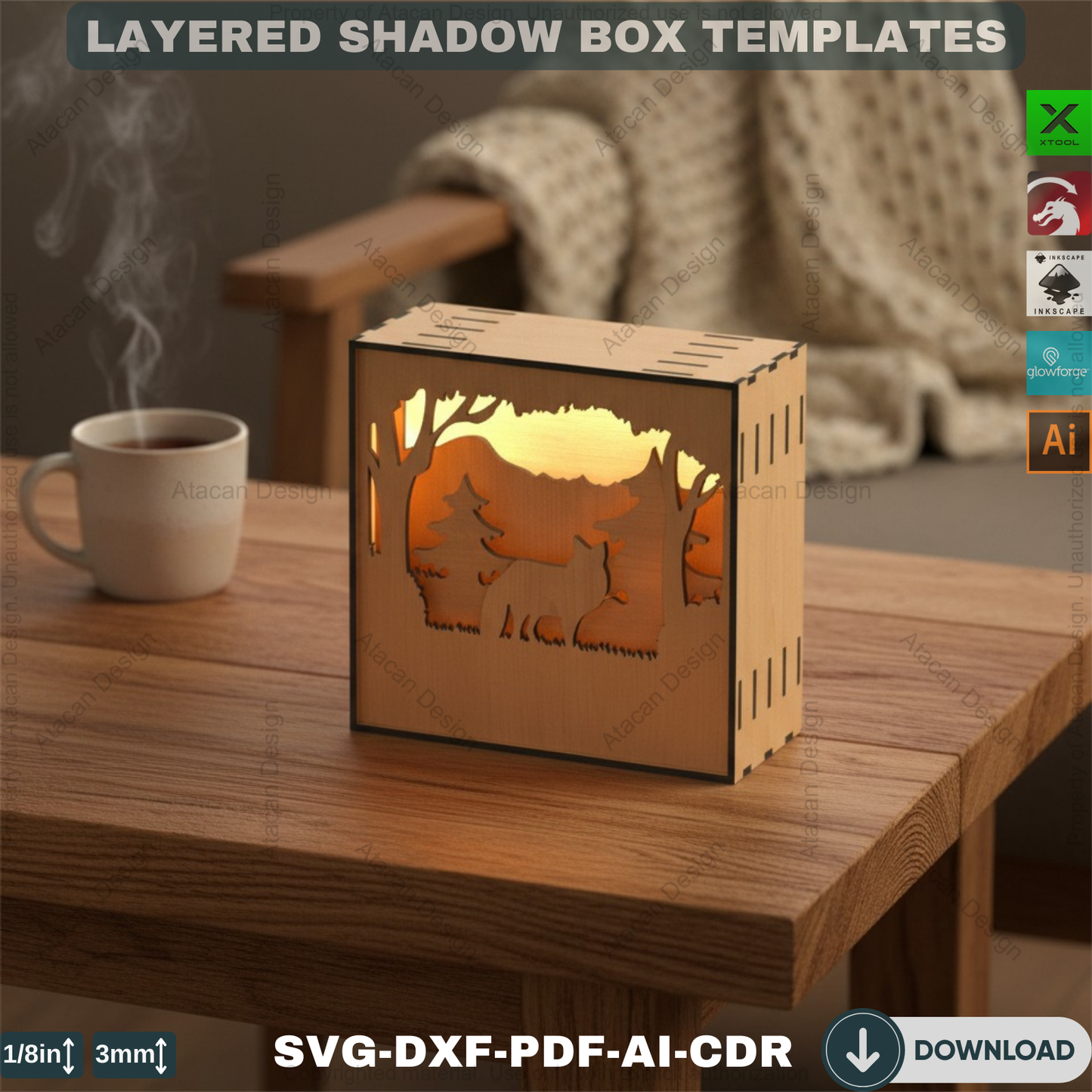 Wooden Wolf Forest Night Lamp – Multilayer Shadowbox for Laser Cutting 791