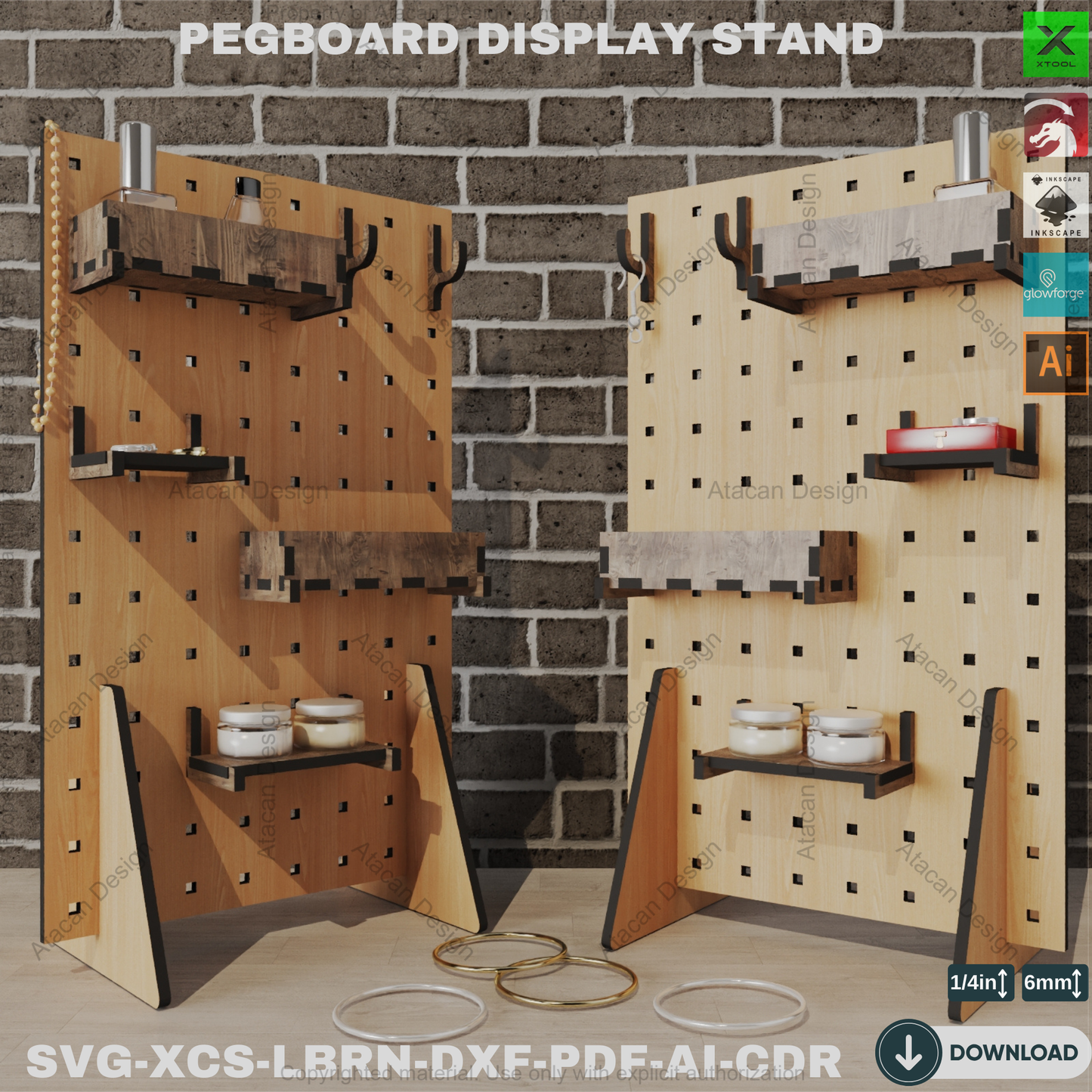 Pegboard Laser Cut Design: SVG Files, Hooks, Shelves, Stand Plans, Laser Cut Display Stand & Accessories, DIY 526