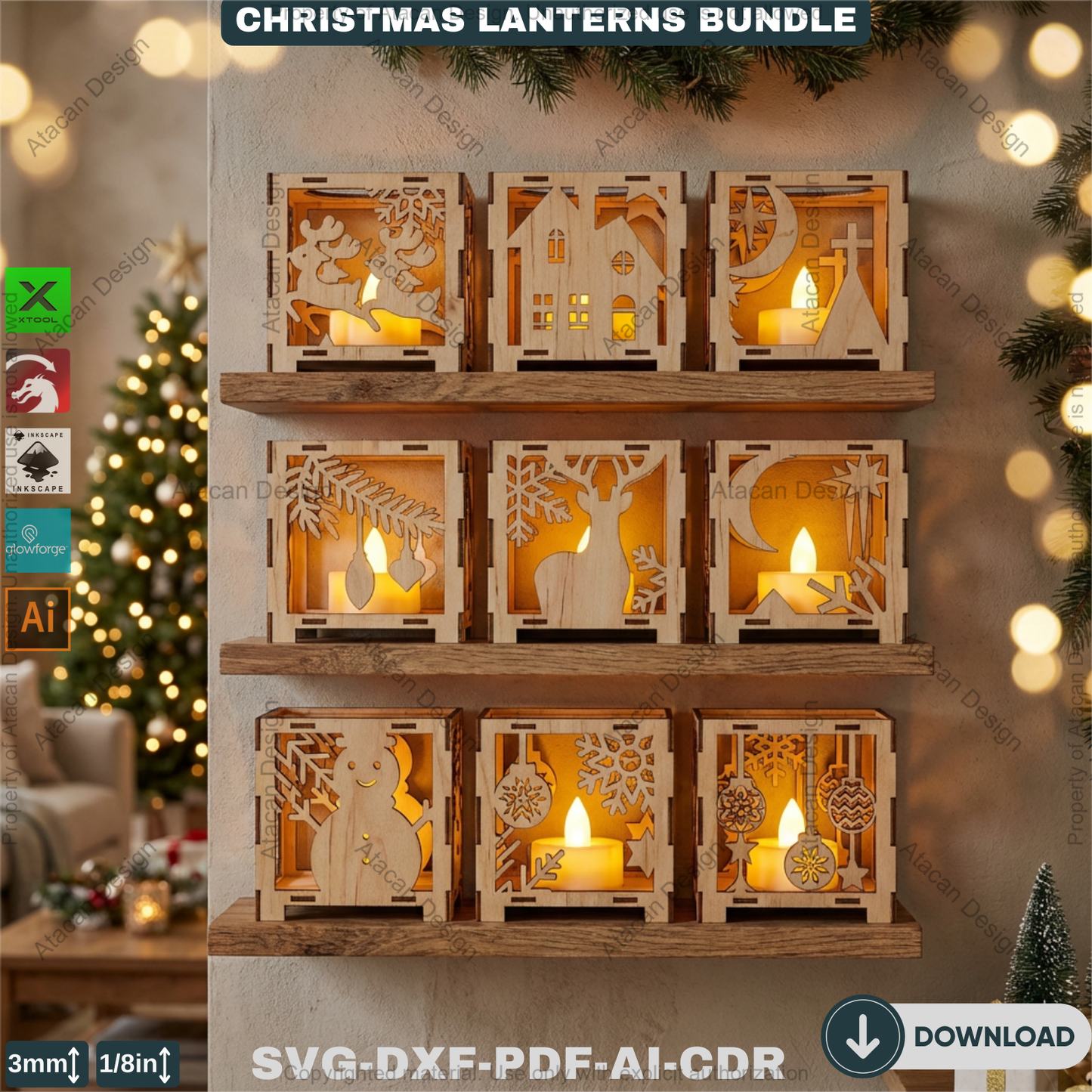 Christmas Lantern Laser Cut Bundle, Wooden Tealight Holder, Xmas Candle Box, Winter Decor, Reindeer Snowman Template 927