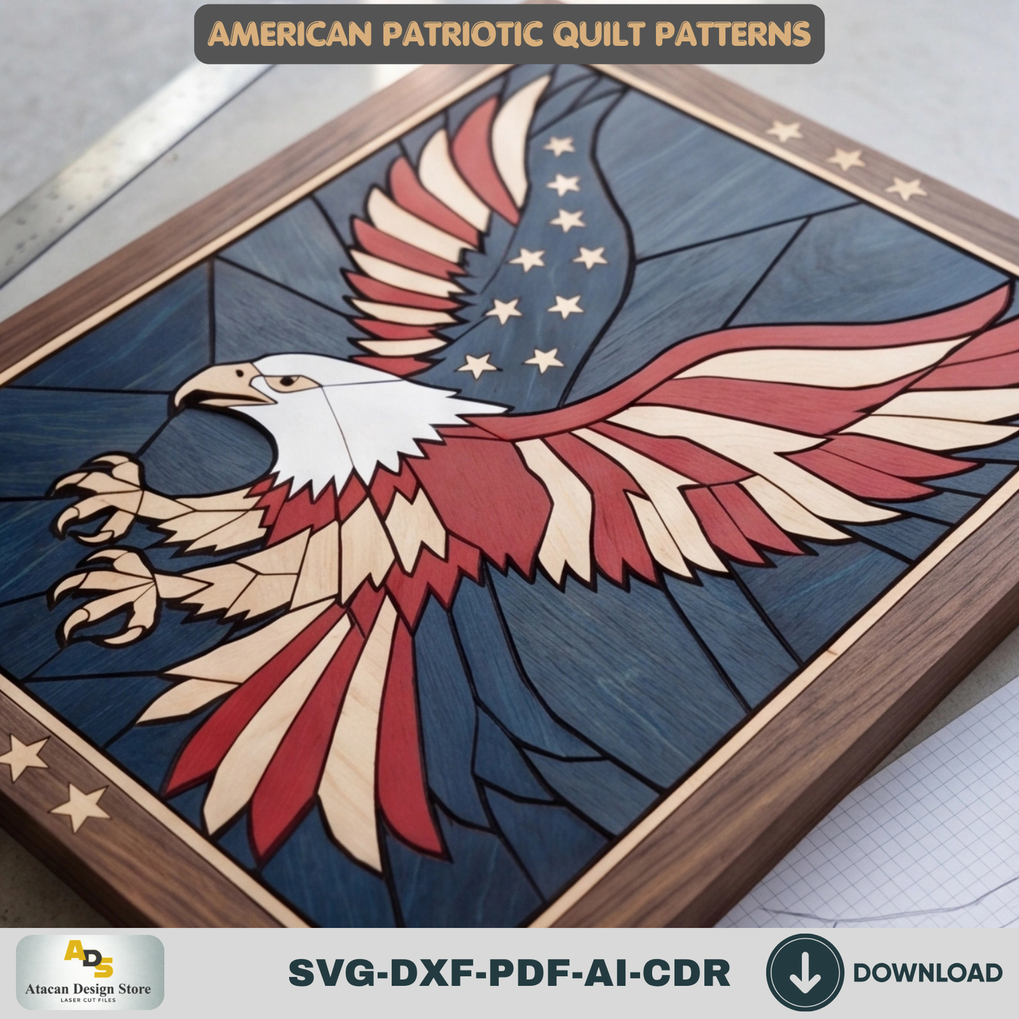 American Patriotic WallArt, Bald Eagle Decor, Statue of Liberty Geometric Quilt Pattern, Veteran Independence