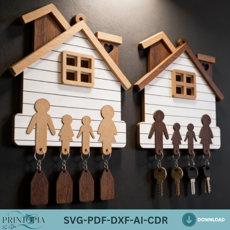 Personalized Family Key Holder / House Shape Wall Keyring Organiser / Wooden Laser Cut Files ADS364