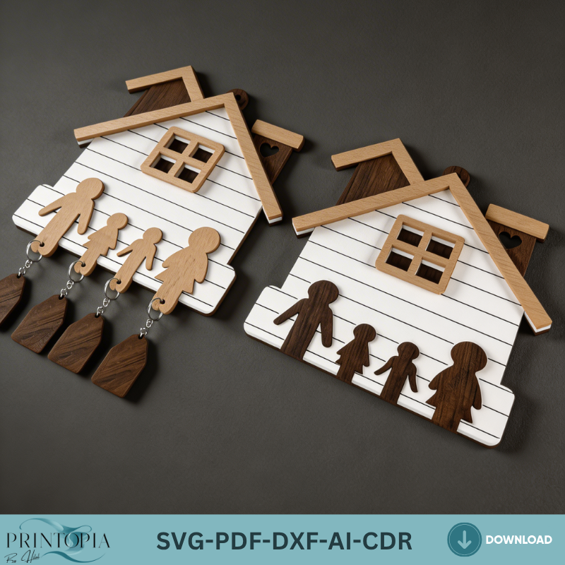 Personalized Family Key Holder / House Shape Wall Keyring Organiser / Wooden Laser Cut Files ADS364
