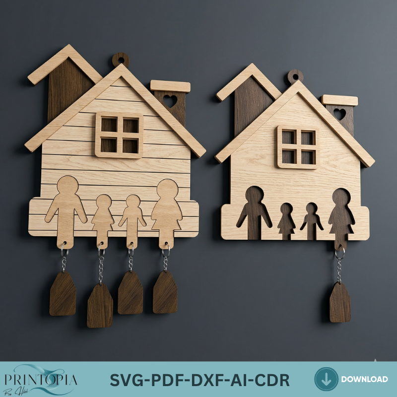 Personalized Family Key Holder / House Shape Wall Keyring Organiser / Wooden Laser Cut Files ADS364