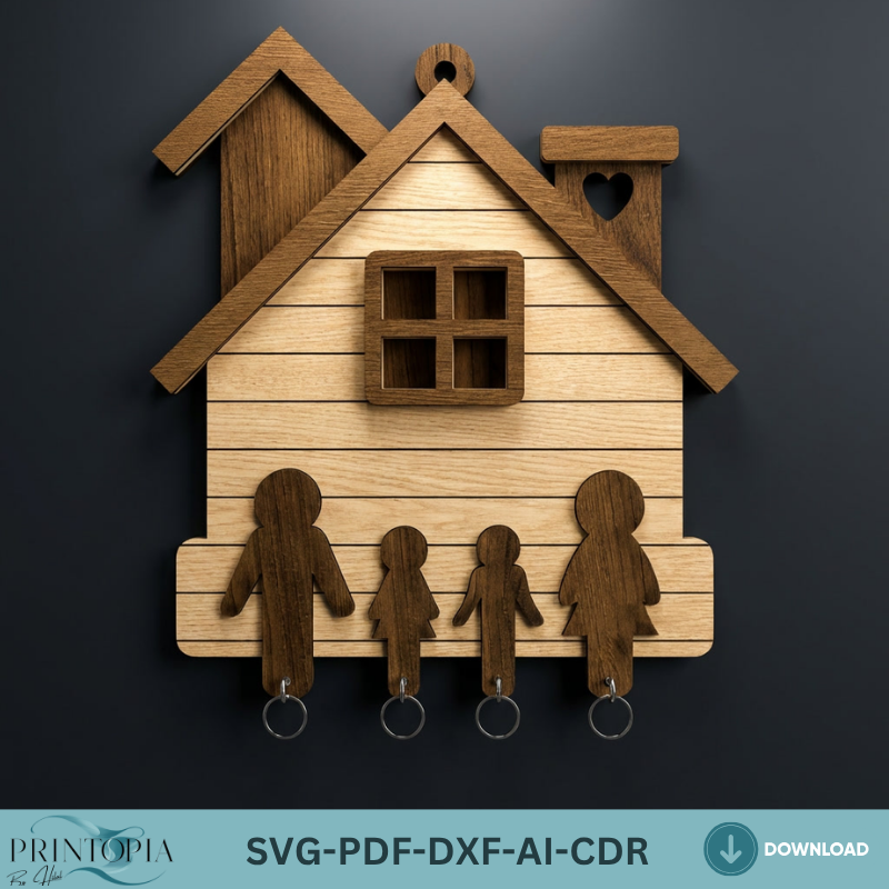 Personalized Family Key Holder / House Shape Wall Keyring Organiser / Wooden Laser Cut Files ADS364