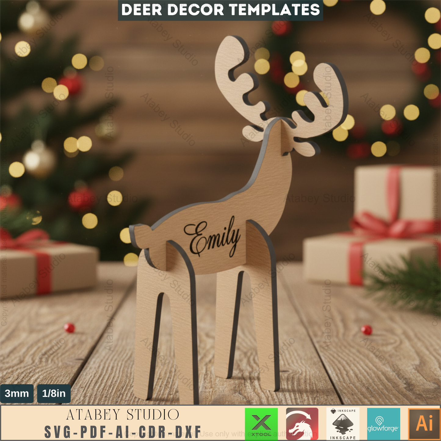 Wooden Deer Christmas Decor SVG Files, Laser Cut Reindeer, Digital Download 572