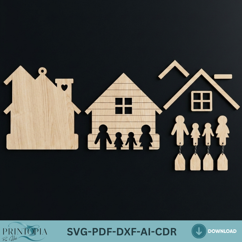 Personalized Family Key Holder / House Shape Wall Keyring Organiser / Wooden Laser Cut Files ADS364