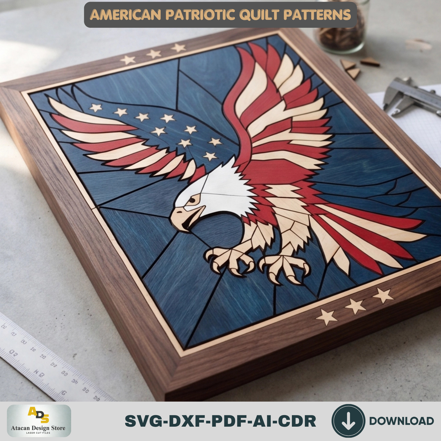 American Patriotic WallArt, Bald Eagle Decor, Statue of Liberty Geometric Quilt Pattern, Veteran Independence