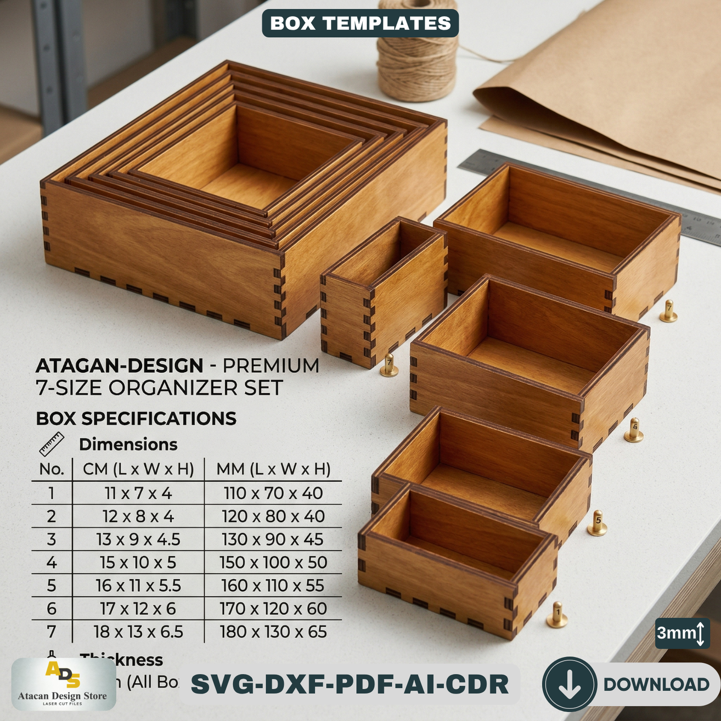 Wooden Organizer Box Set Laser Cut Files Nesting Storage Box Templates Desktop Organization 462