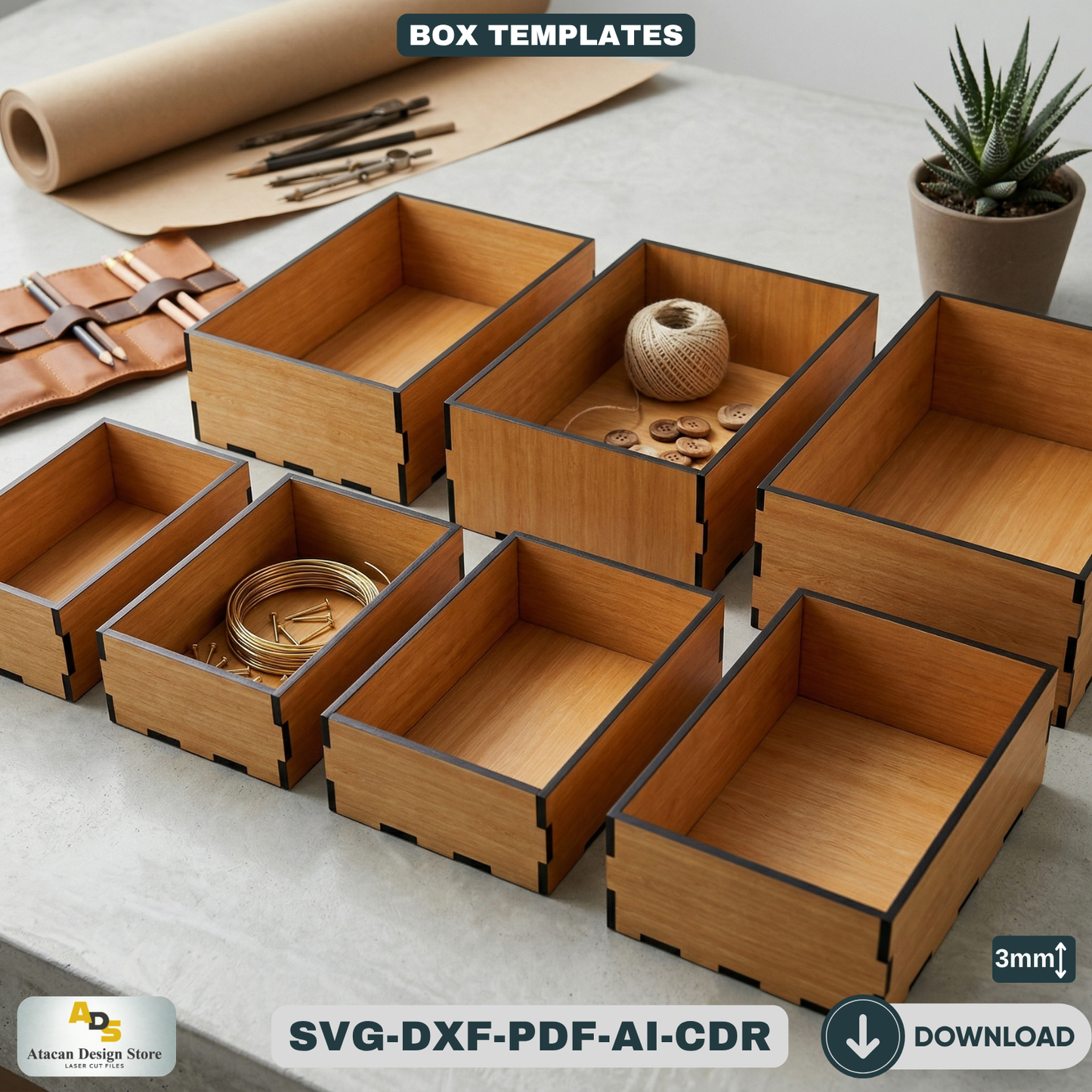 Wooden Organizer Box Set Laser Cut Files Nesting Storage Box Templates Desktop Organization 462