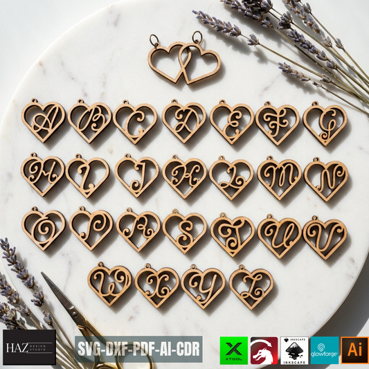 Heart Alphabet SVG Bundle Earrings and Keychains, Monogram A-Z Laser Cut, Plywood Jewelry Templates