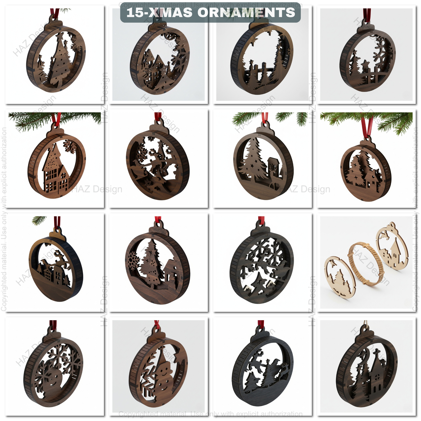 Christmas Laser Cut Ornament SVG Bundle - 15 Unique Wooden Xmas Pendant Designs for Glowforge & Xtool 487