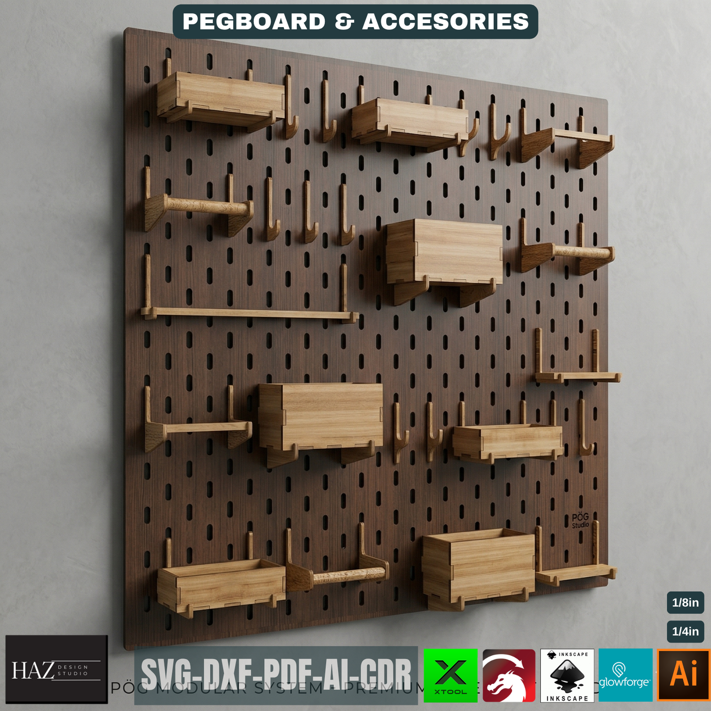 Wood Pegboard Wall Organizer / Modular Peg Board with Hooks and Bins Wall Storage 083