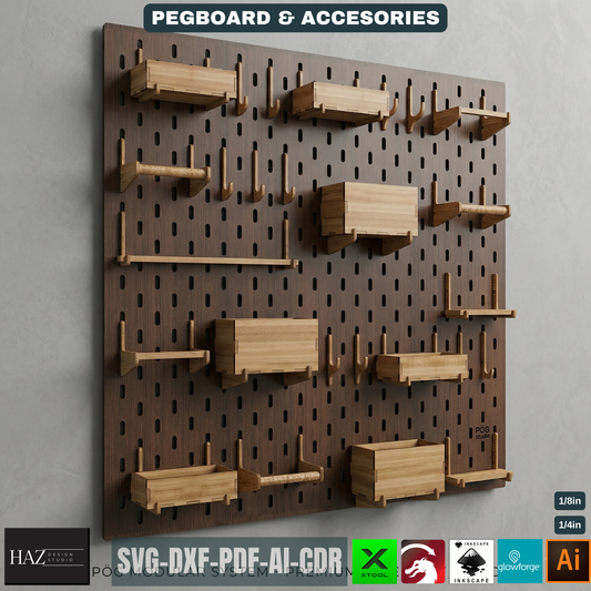 Wood Pegboard Wall Organizer / Modular Peg Board with Hooks and Bins Wall Storage 083