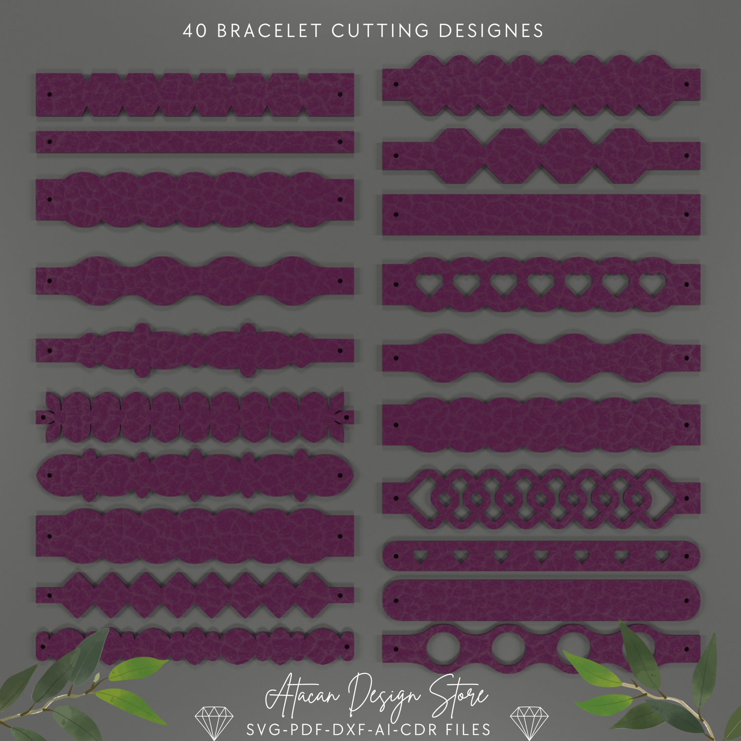 Leather Bracelet SVG Bundle | Laser Cut Files | 40 Flexible Design Faux Leather Bracelet Template for Cricut & Silhouette 691