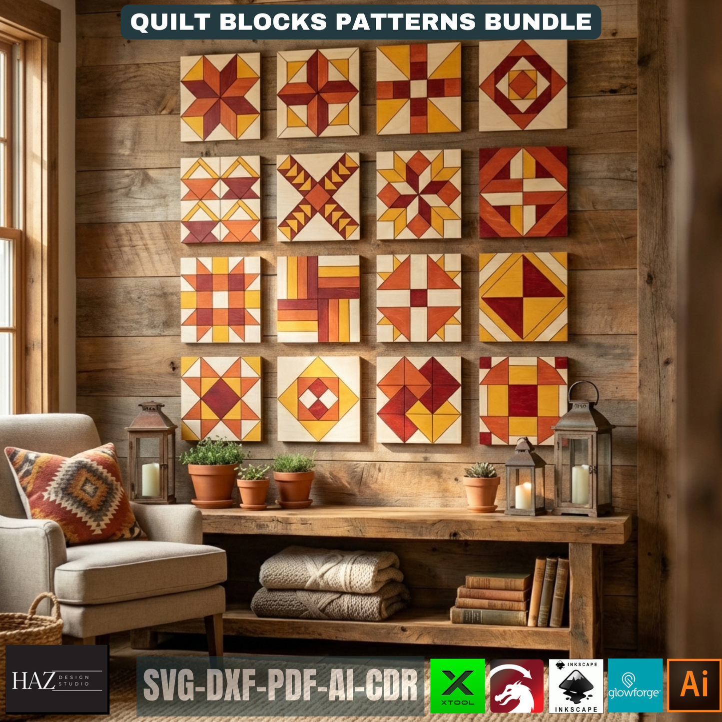 Geometric Barn Quilt Block Pattern Bundle, Wooden Wall Art Laser Cut Template, Modern Mosaic Home Decor 517