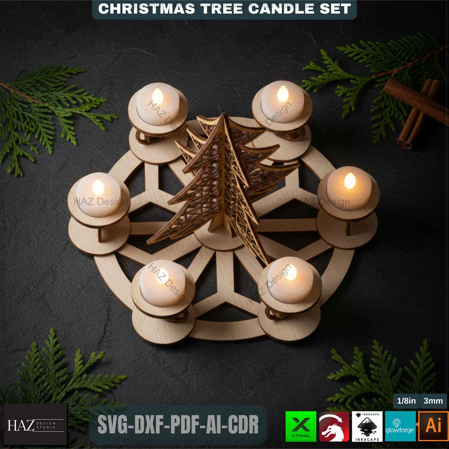 3D Christmas Tree Candle Holder Template, Festive Laser Cut Tea Light Stand, Holiday Advent Wreath Decor 495